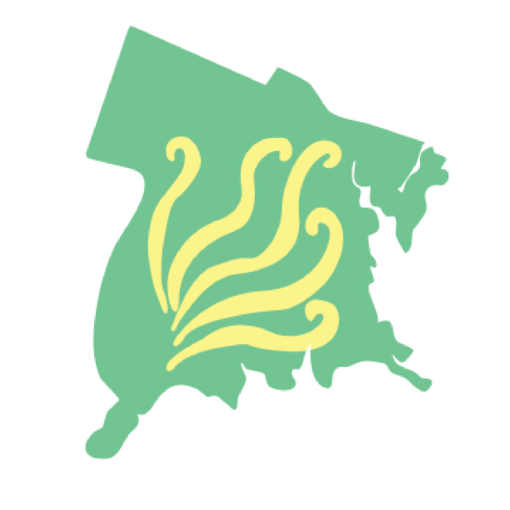 An outline of the NYC borough of The Bronx, filled in with green and embellished with a yellow swirl.