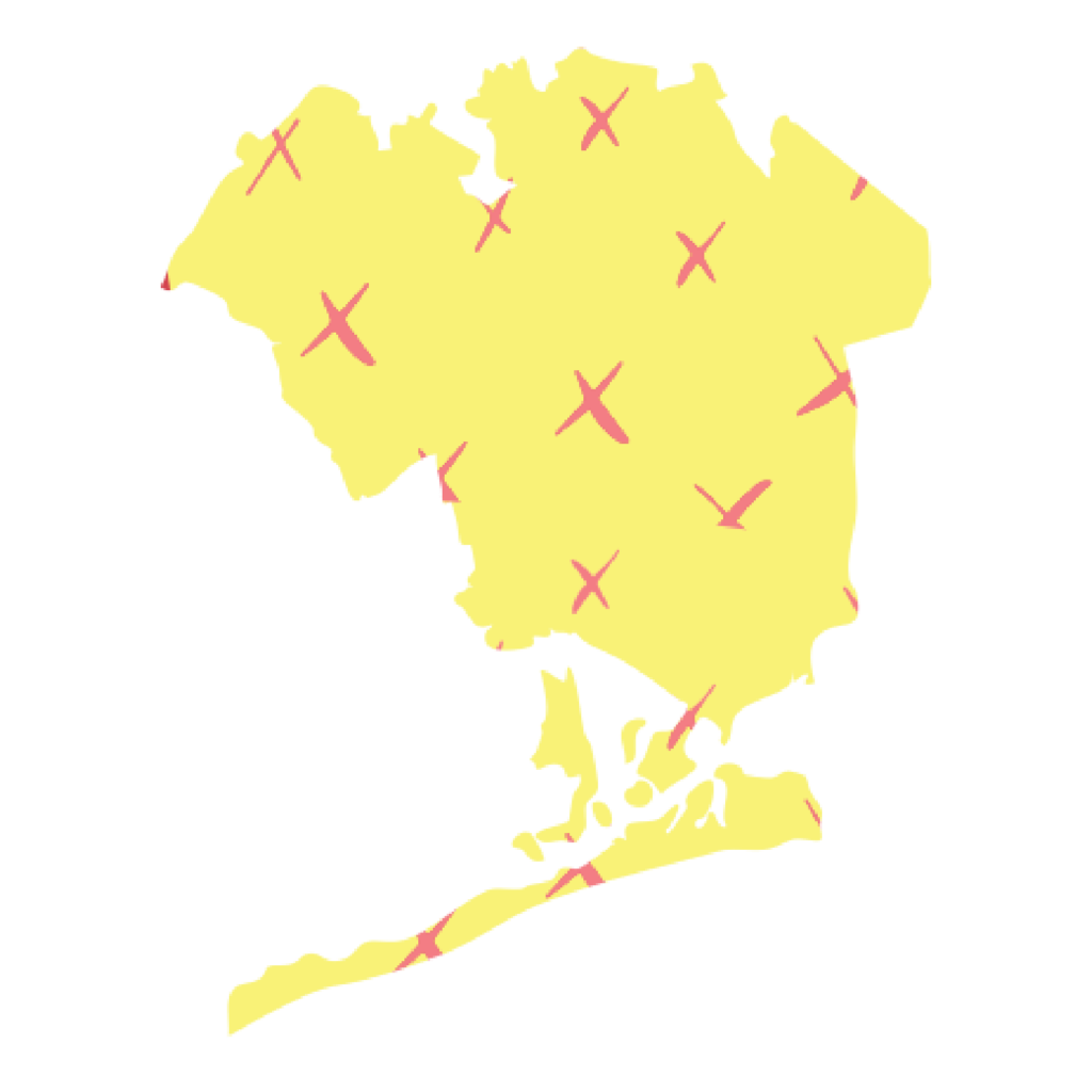 An outline of the NYC borough of Queens, filled in with yellow and embellished with red X's.