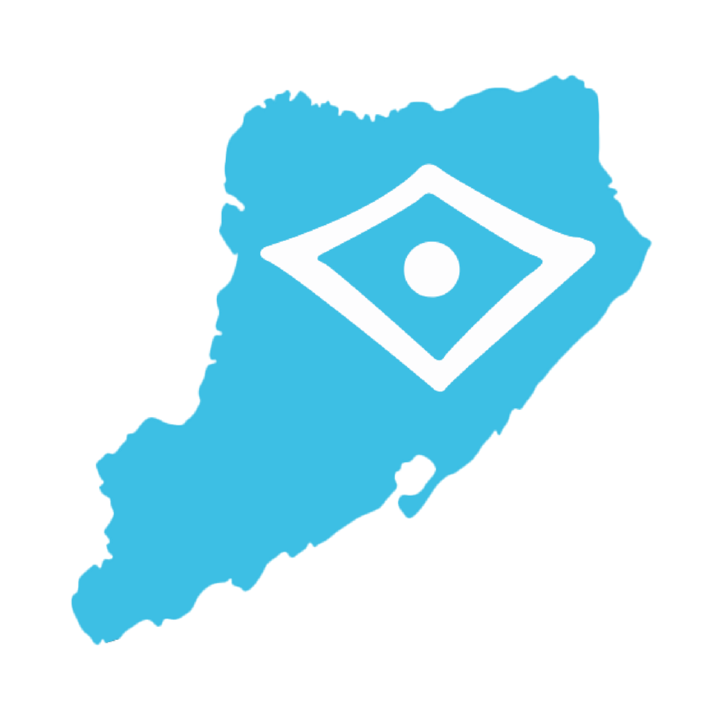 An outline of the NYC borough of Staten Island, filled in with light blue and embellished with a white square.